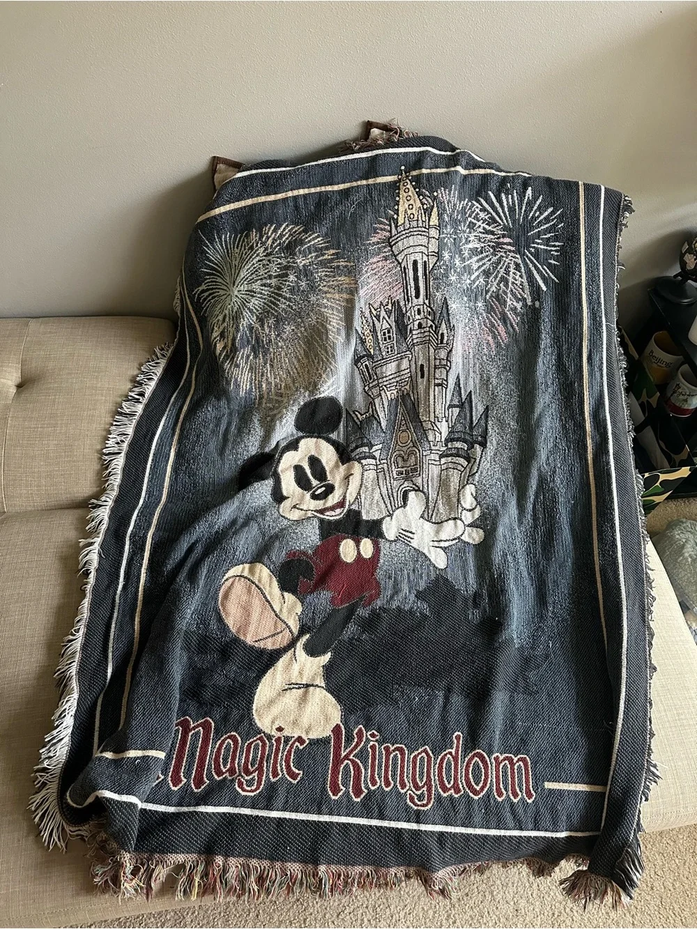 Disney Mickey Mouse Magic Kingdom Castle Fireworks Throw Fringe Blanket